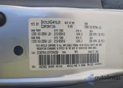 2005 Chrysler Town & Country Limited из США, поврежденный, VIN 2C8GP64LX5R594299